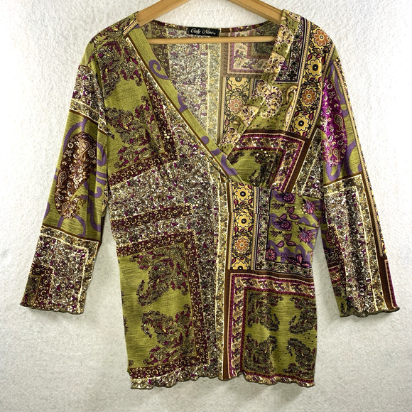 Women Patchwork Print Paisley Top Sz M Y2K Boho Indie Artsy Bling Slinky Stretch - Picture 1 of 10